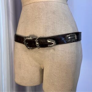 Vintage 1993 Brighton Brown Croc Embossed Leather Silver Studded Belt Sz L